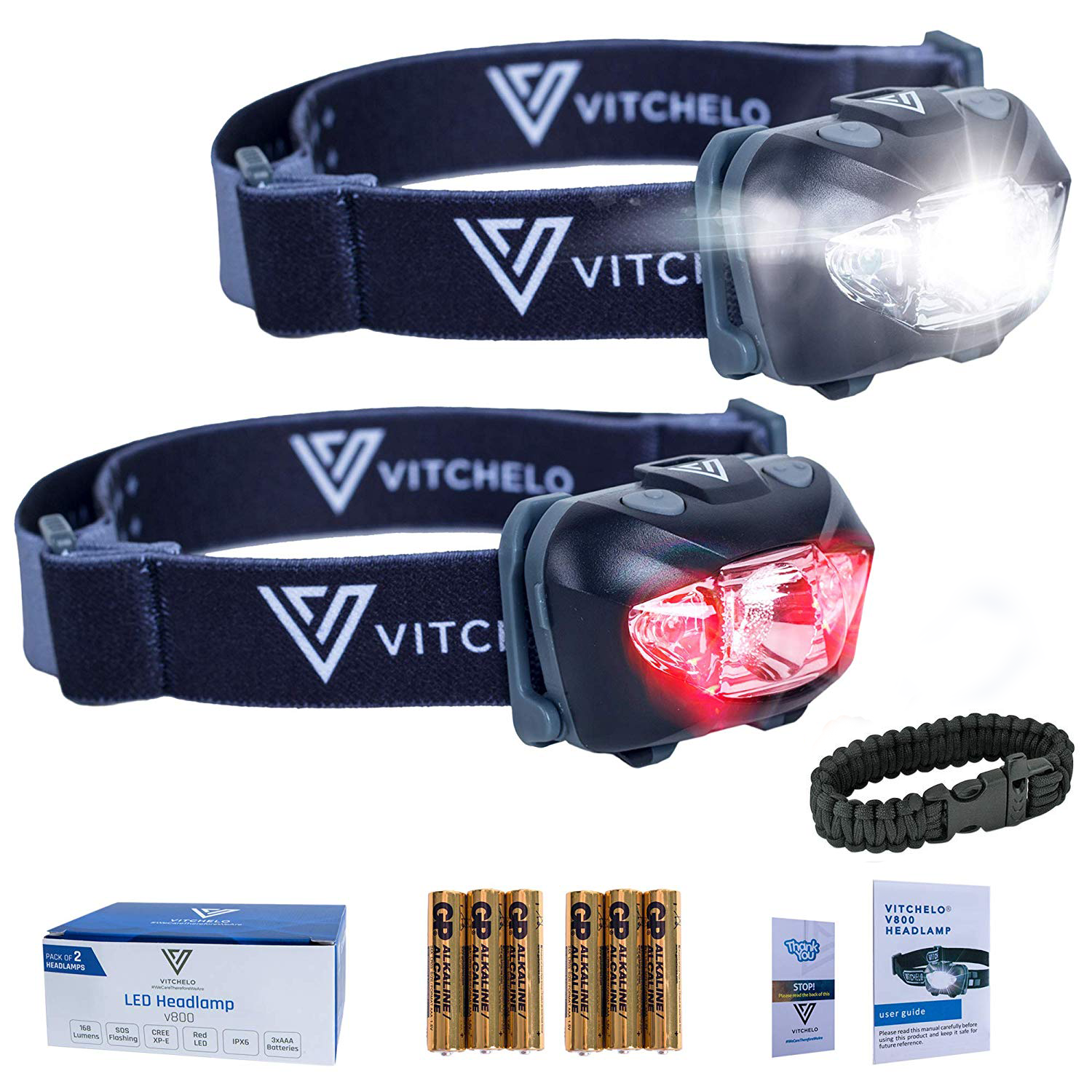 VITCHELO® - V800 Headlamp with White and Red LED Lights - Pack Of Two